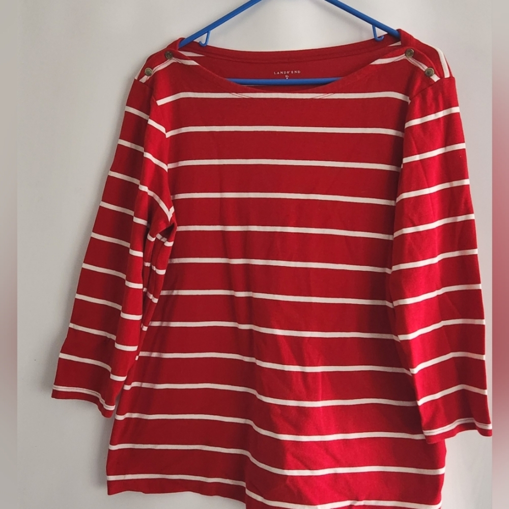 Lands' End Scoop Neck 3/4 Sleeves Red & White Striped  Cotton Top Size XL